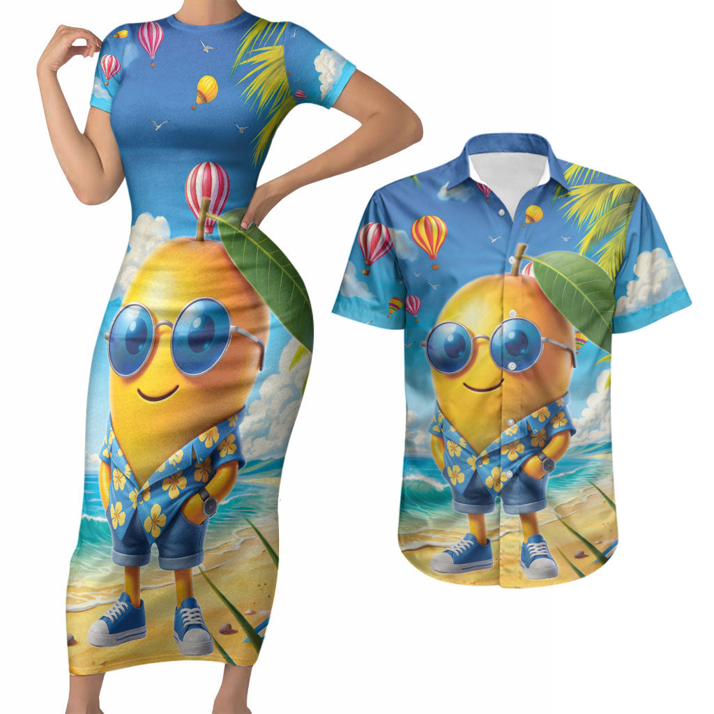 Funny Hawaii Mango Couples Matching Short Sleeve Bodycon Dress and Hawaiian Shirt Tropical Summer Beach Mascot Vacation