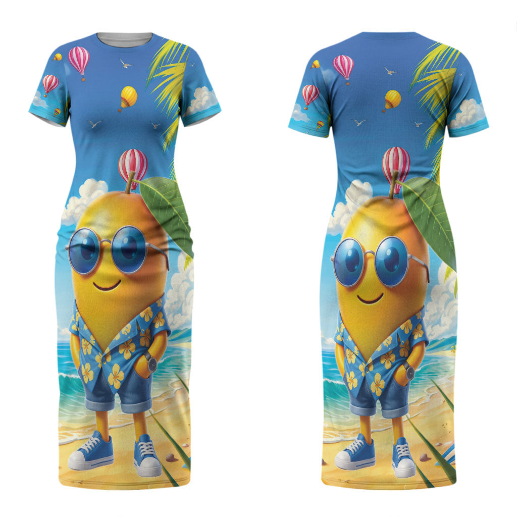 Funny Hawaii Mango Couples Matching Short Sleeve Bodycon Dress and Hawaiian Shirt Tropical Summer Beach Mascot Vacation
