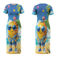 Funny Hawaii Mango Couples Matching Short Sleeve Bodycon Dress and Hawaiian Shirt Tropical Summer Beach Mascot Vacation