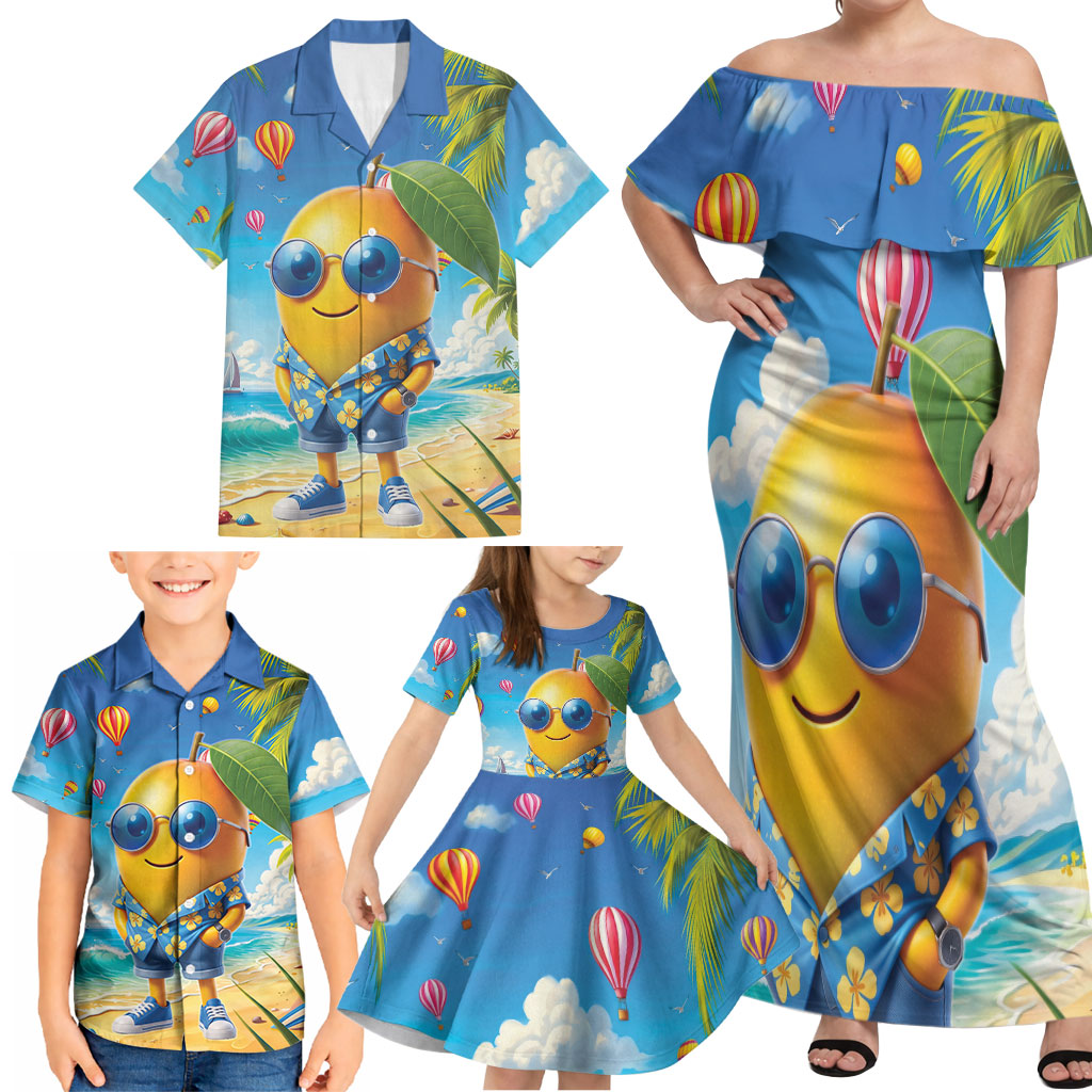 Funny Hawaii Mango Family Matching Off Shoulder Maxi Dress and Hawaiian Shirt Tropical Summer Beach Mascot Vacation
