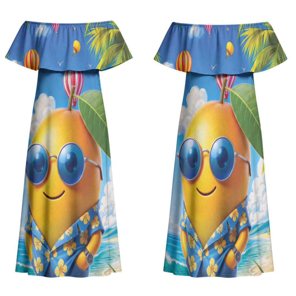 Funny Hawaii Mango Family Matching Off Shoulder Maxi Dress and Hawaiian Shirt Tropical Summer Beach Mascot Vacation