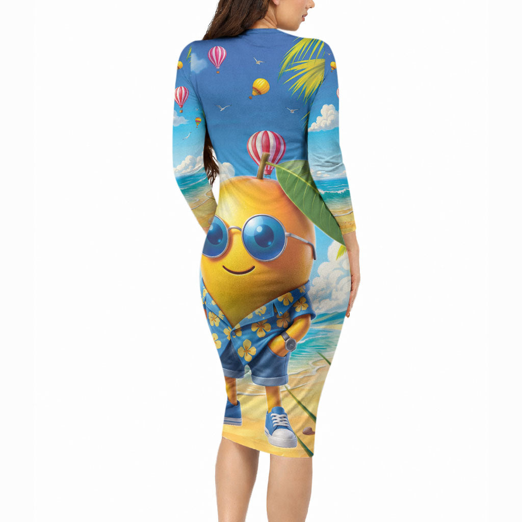Funny Hawaii Mango Long Sleeve Bodycon Dress Tropical Summer Beach Mascot Vacation