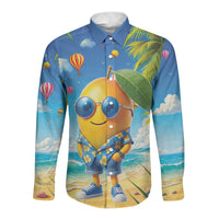 Funny Hawaii Mango Long Sleeve Button Shirt Tropical Summer Beach Mascot Vacation