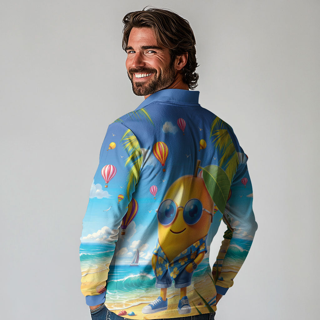 Funny Hawaii Mango Long Sleeve Polo Shirt Tropical Summer Beach Mascot Vacation