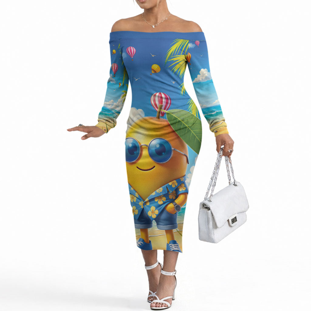 Funny Hawaii Mango Off The Shoulder Long Sleeve Dress Tropical Summer Beach Mascot Vacation