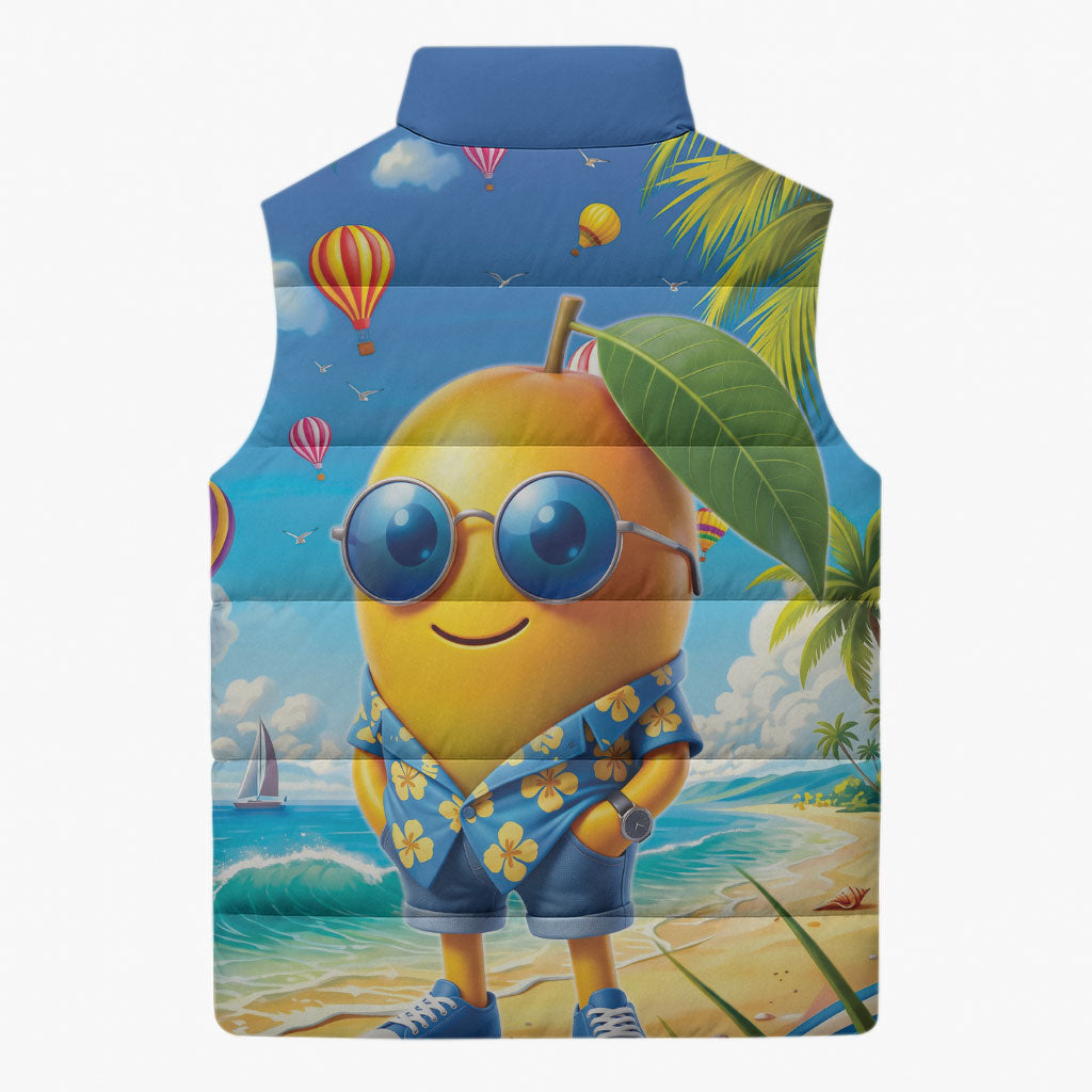 Funny Hawaii Mango Sleeveless Puffer Jacket Tropical Summer Beach Mascot Vacation