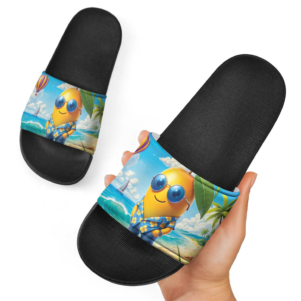 Funny Hawaii Mango Slide Sandals Tropical Summer Beach Mascot Vacation