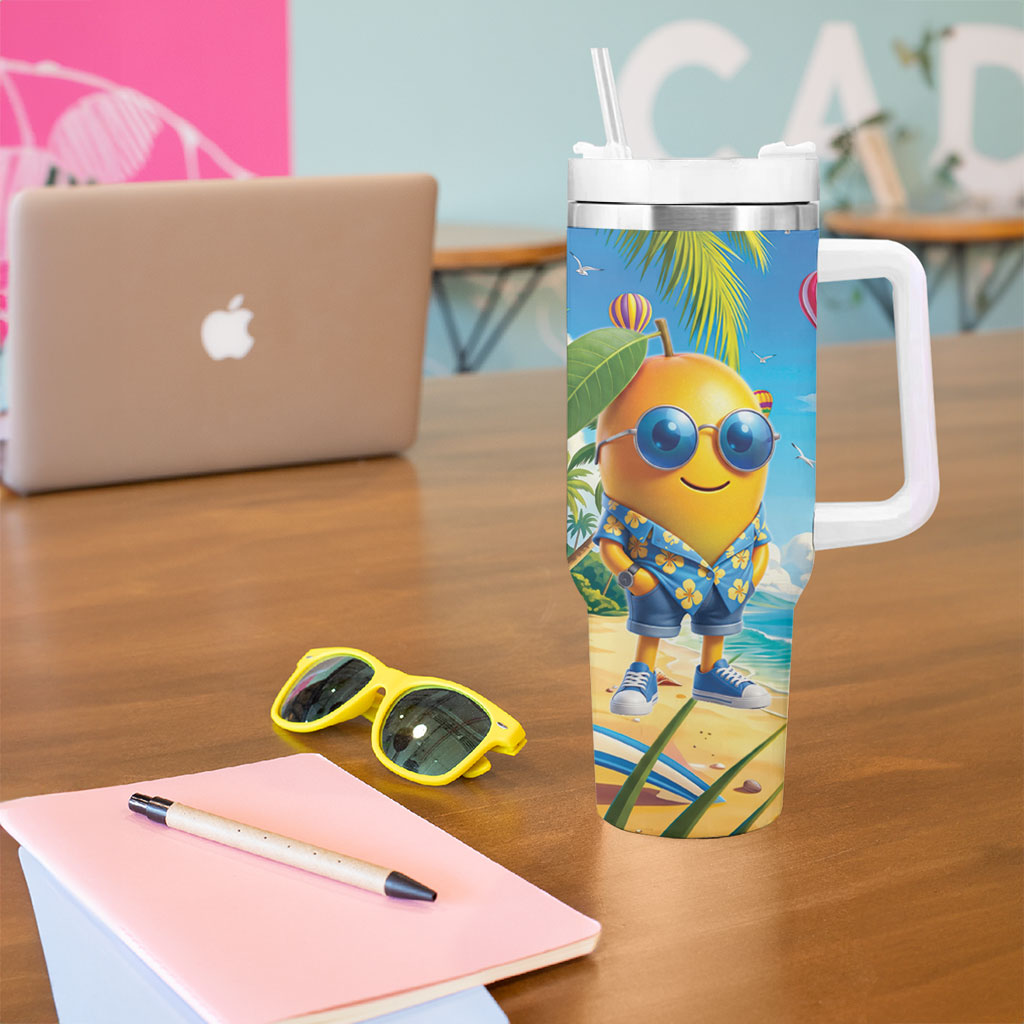 Funny Hawaii Mango Tumbler With Handle Tropical Summer Beach Mascot Vacation