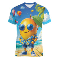 Funny Hawaii Mango Women V-Neck T-Shirt Tropical Summer Beach Mascot Vacation
