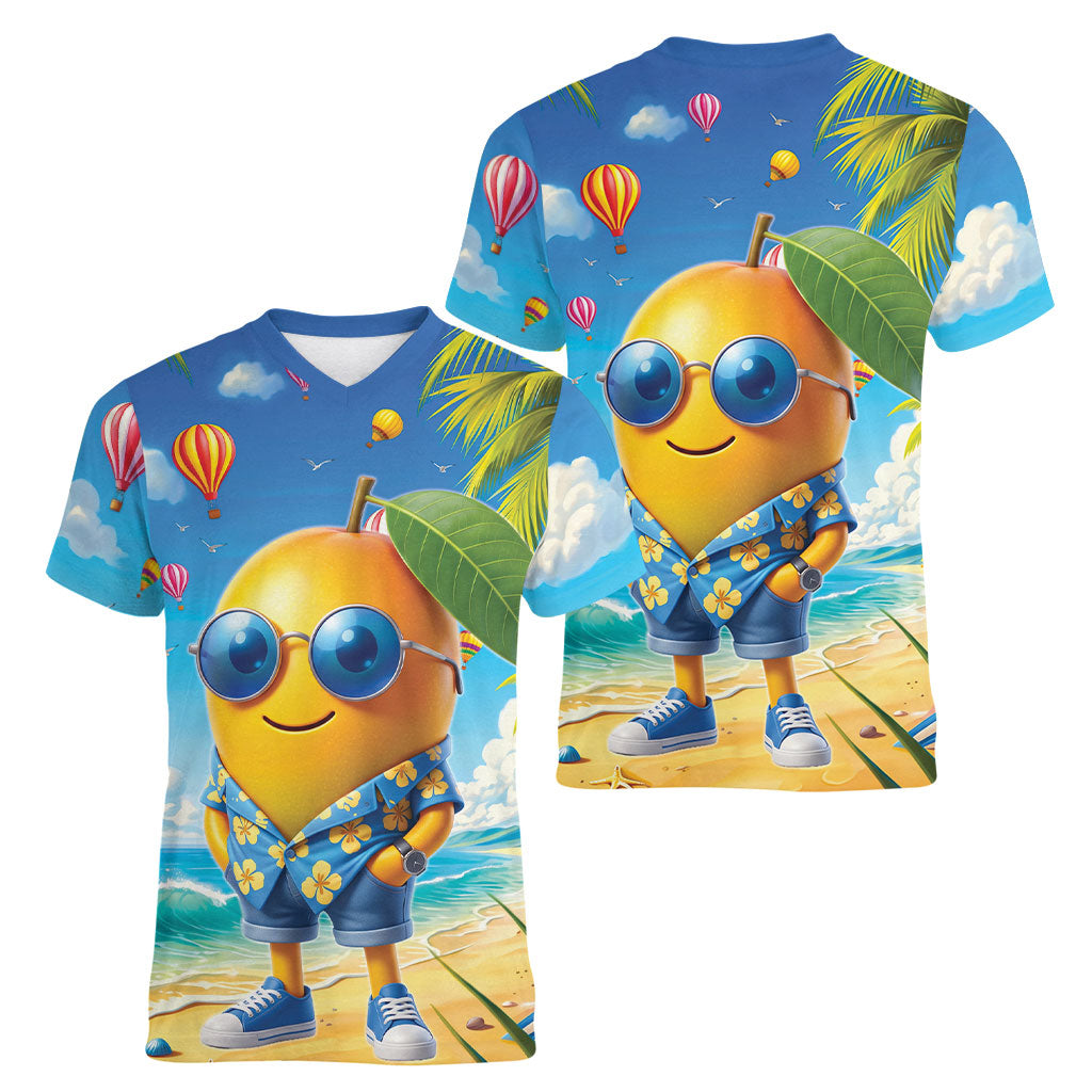 Funny Hawaii Mango Women V-Neck T-Shirt Tropical Summer Beach Mascot Vacation