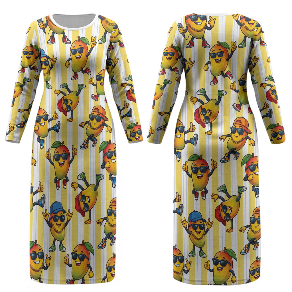 Funny Hawaii Mango Hip Hop Cartoon Couples Matching Long Sleeve Bodycon Dress and Long Sleeve Button Shirt Summer Beach Party