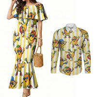 Funny Hawaii Mango Hip Hop Cartoon Couples Matching Mermaid Dress and Long Sleeve Button Shirt Summer Beach Party