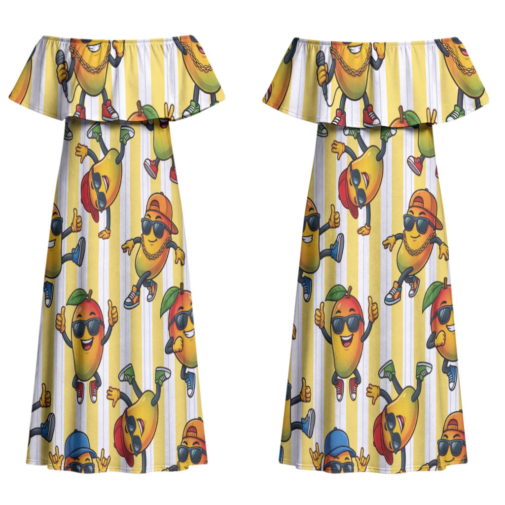 Funny Hawaii Mango Hip Hop Cartoon Couples Matching Off Shoulder Maxi Dress and Hawaiian Shirt Summer Beach Party