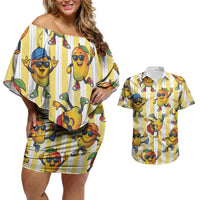 Funny Hawaii Mango Hip Hop Cartoon Couples Matching Off Shoulder Short Dress and Hawaiian Shirt Summer Beach Party