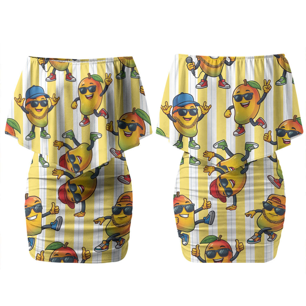 Funny Hawaii Mango Hip Hop Cartoon Couples Matching Off Shoulder Short Dress and Long Sleeve Button Shirt Summer Beach Party