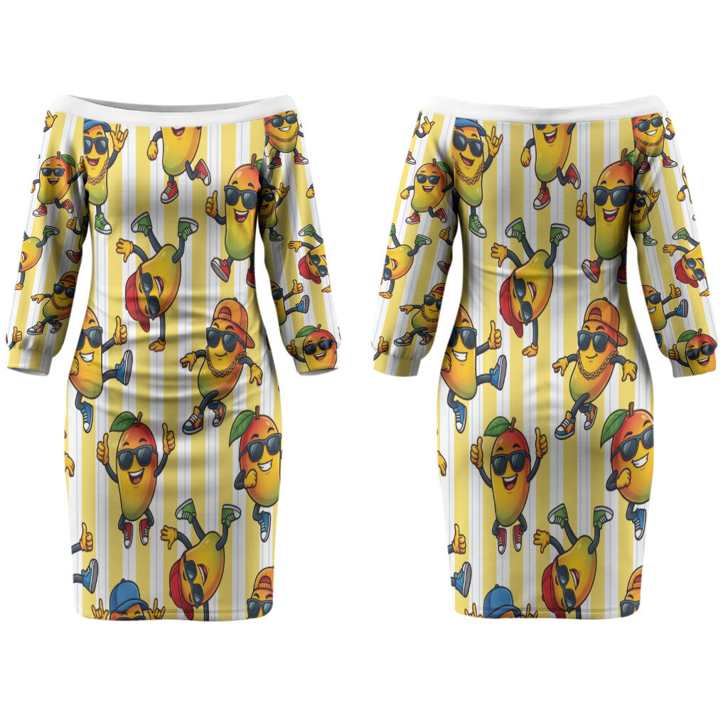 Funny Hawaii Mango Hip Hop Cartoon Couples Matching Off The Shoulder Long Sleeve Dress and Long Sleeve Button Shirt Summer Beach Party