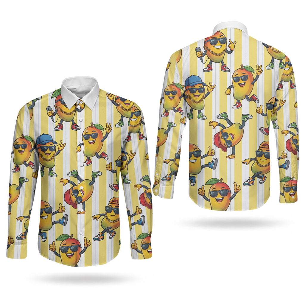 Funny Hawaii Mango Hip Hop Cartoon Couples Matching Puletasi and Long Sleeve Button Shirt Summer Beach Party