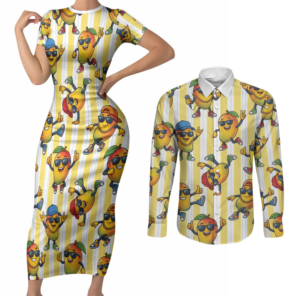 Funny Hawaii Mango Hip Hop Cartoon Couples Matching Short Sleeve Bodycon Dress and Long Sleeve Button Shirt Summer Beach Party
