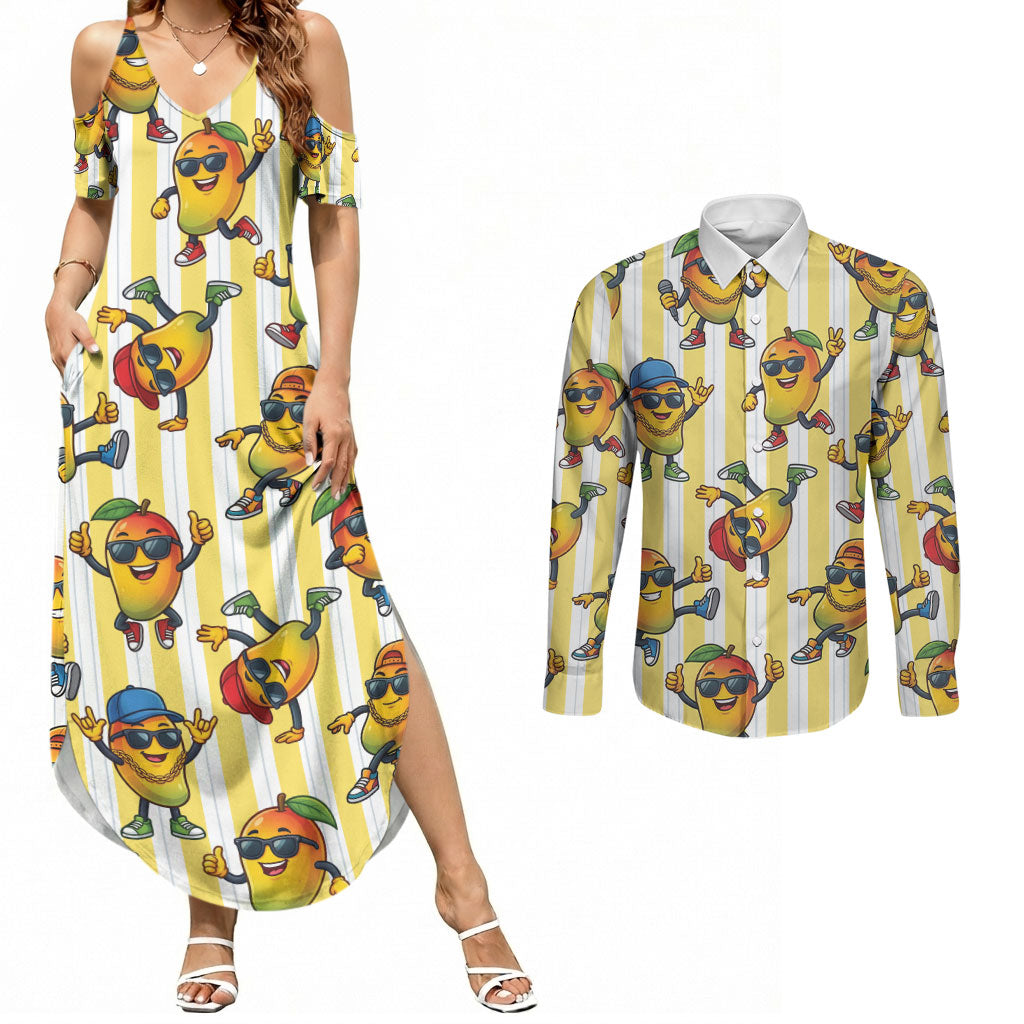 Funny Hawaii Mango Hip Hop Cartoon Couples Matching Summer Maxi Dress and Long Sleeve Button Shirt Summer Beach Party