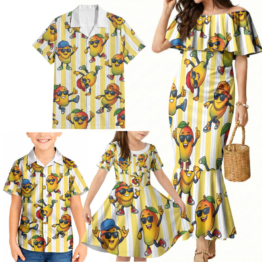 Funny Hawaii Mango Hip Hop Cartoon Family Matching Mermaid Dress and Hawaiian Shirt Summer Beach Party