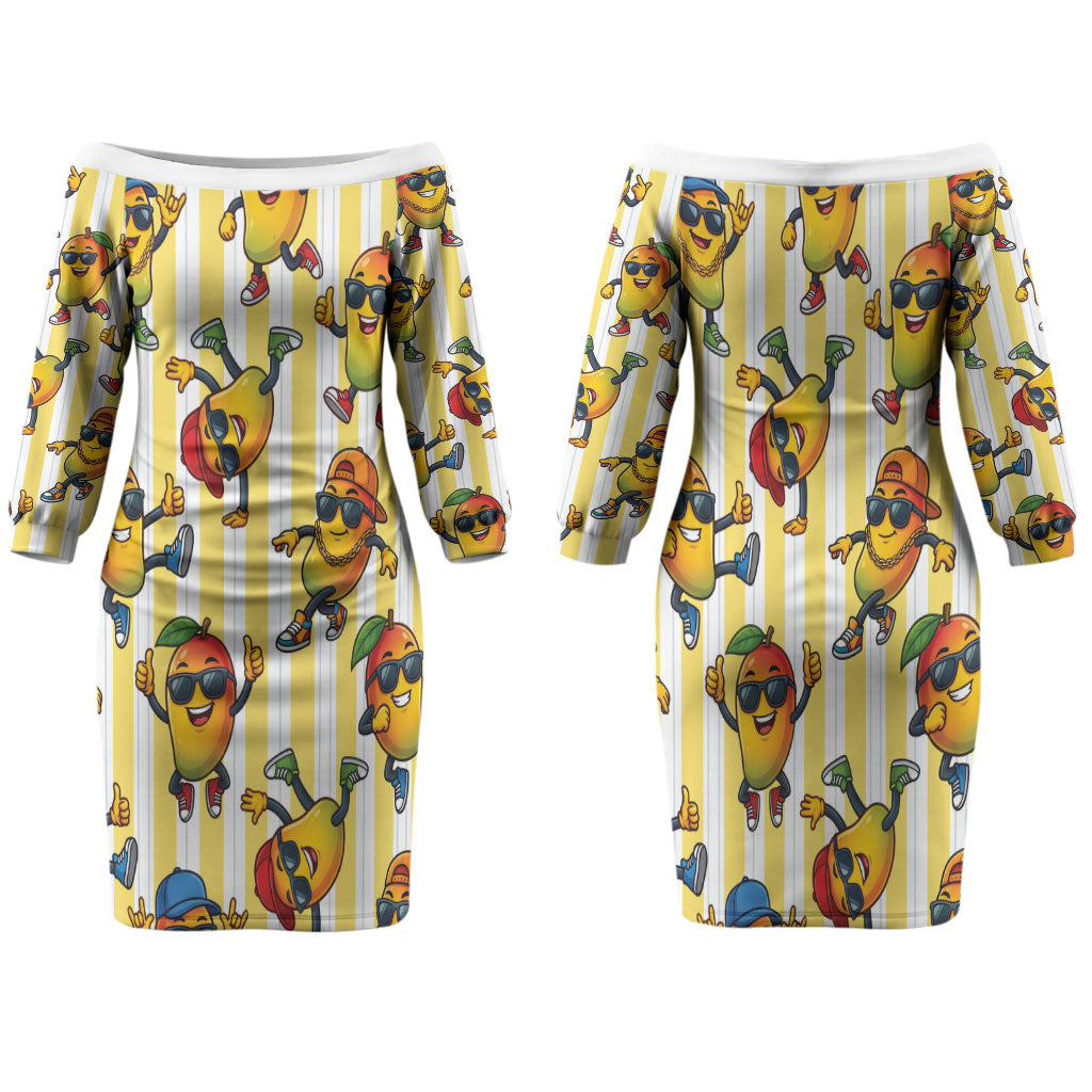 Funny Hawaii Mango Hip Hop Cartoon Family Matching Off The Shoulder Long Sleeve Dress and Hawaiian Shirt Summer Beach Party