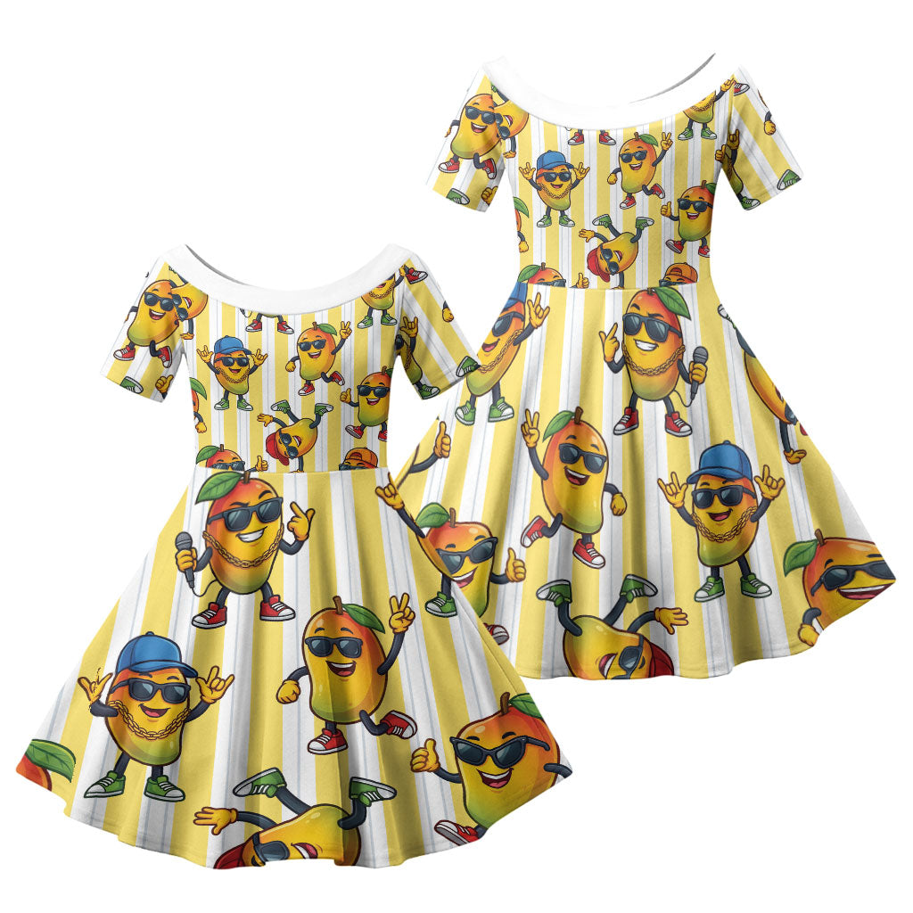 Funny Hawaii Mango Hip Hop Cartoon Family Matching Off The Shoulder Long Sleeve Dress and Hawaiian Shirt Summer Beach Party