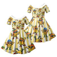 Funny Hawaii Mango Hip Hop Cartoon Family Matching Off The Shoulder Long Sleeve Dress and Hawaiian Shirt Summer Beach Party