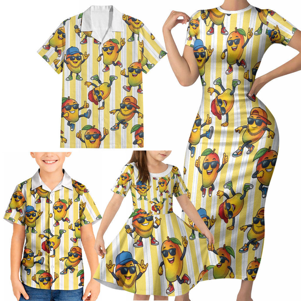 Funny Hawaii Mango Hip Hop Cartoon Family Matching Short Sleeve Bodycon Dress and Hawaiian Shirt Summer Beach Party