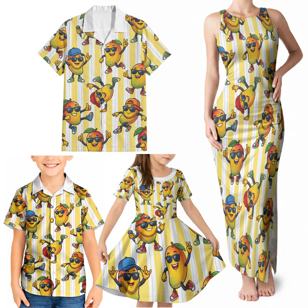 Funny Hawaii Mango Hip Hop Cartoon Family Matching Tank Maxi Dress and Hawaiian Shirt Summer Beach Party