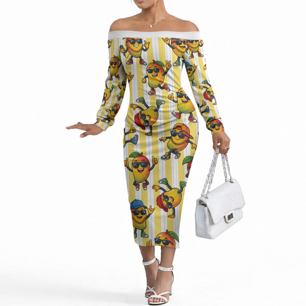 Funny Hawaii Mango Hip Hop Cartoon Off The Shoulder Long Sleeve Dress Summer Beach Party
