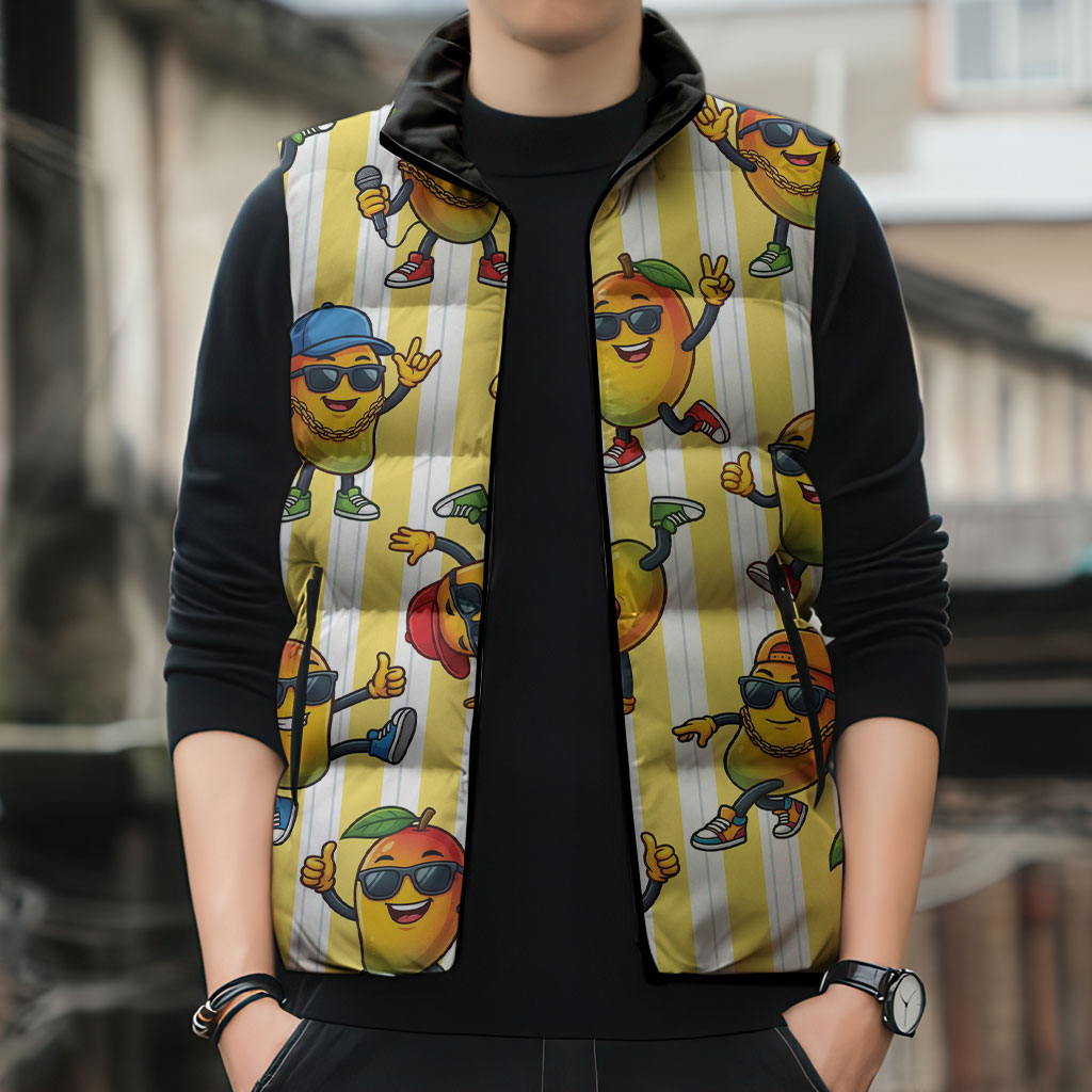 Funny Hawaii Mango Hip Hop Cartoon Sleeveless Puffer Jacket Summer Beach Party