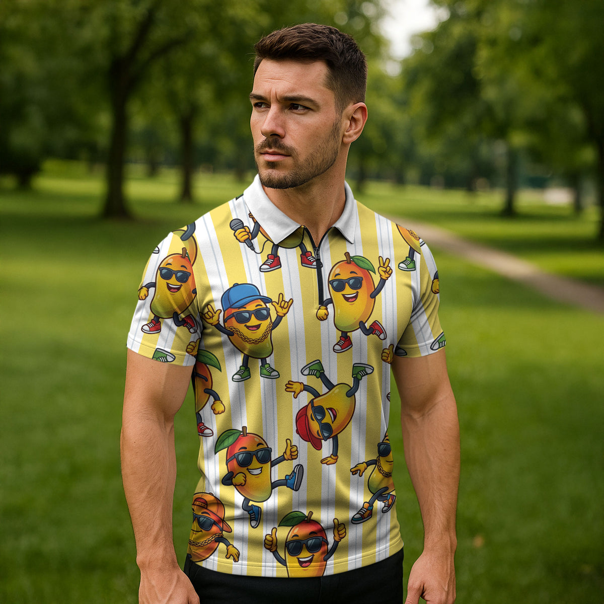 Funny Hawaii Mango Hip Hop Cartoon Zipper Polo Shirt Summer Beach Party