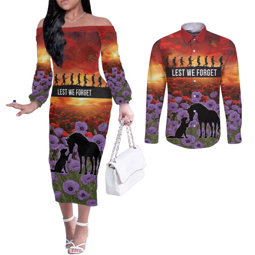 Personalised ANZAC Day Couples Matching Off The Shoulder Long Sleeve Dress and Long Sleeve Button Shirt Remembering the Animals of War