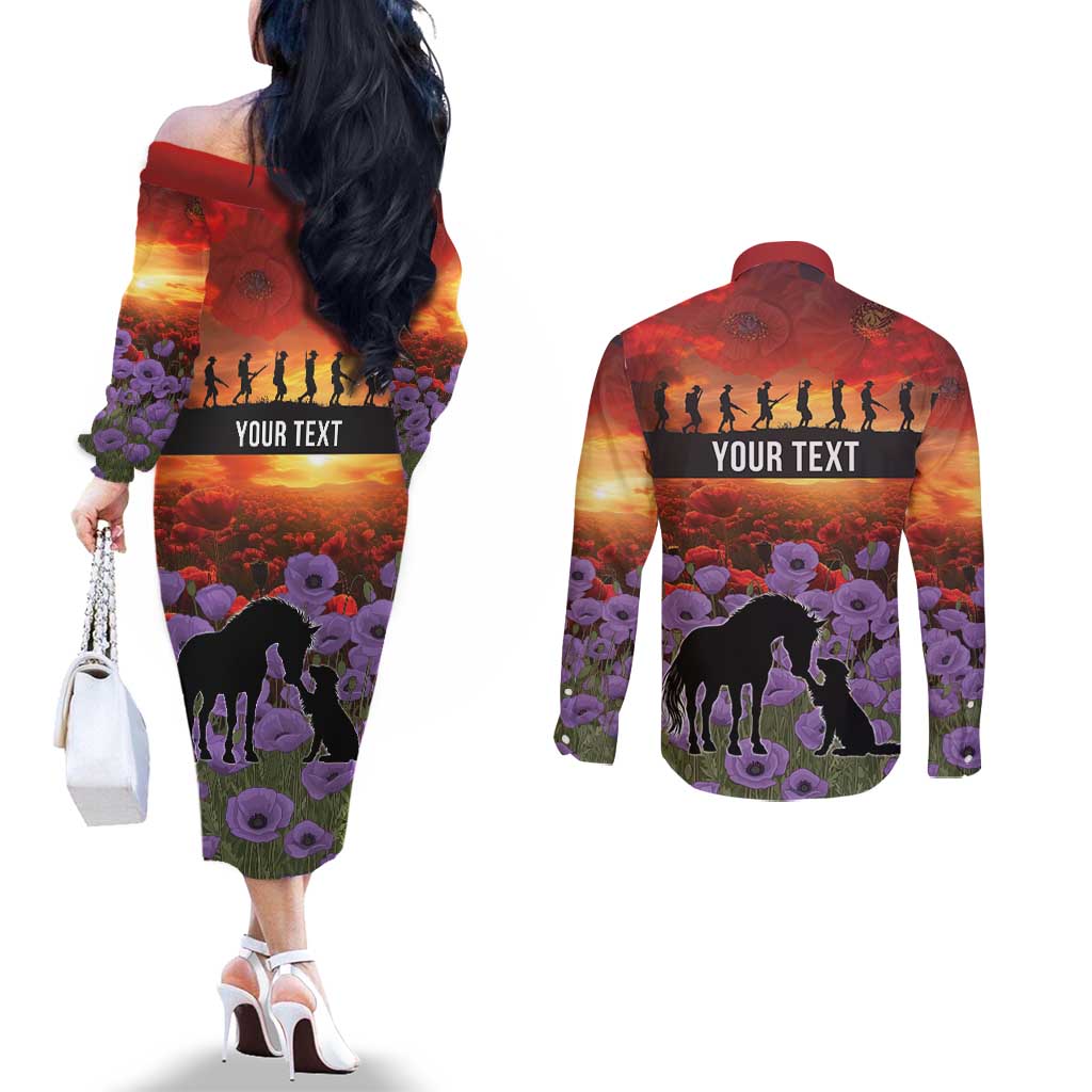 Personalised ANZAC Day Couples Matching Off The Shoulder Long Sleeve Dress and Long Sleeve Button Shirt Remembering the Animals of War