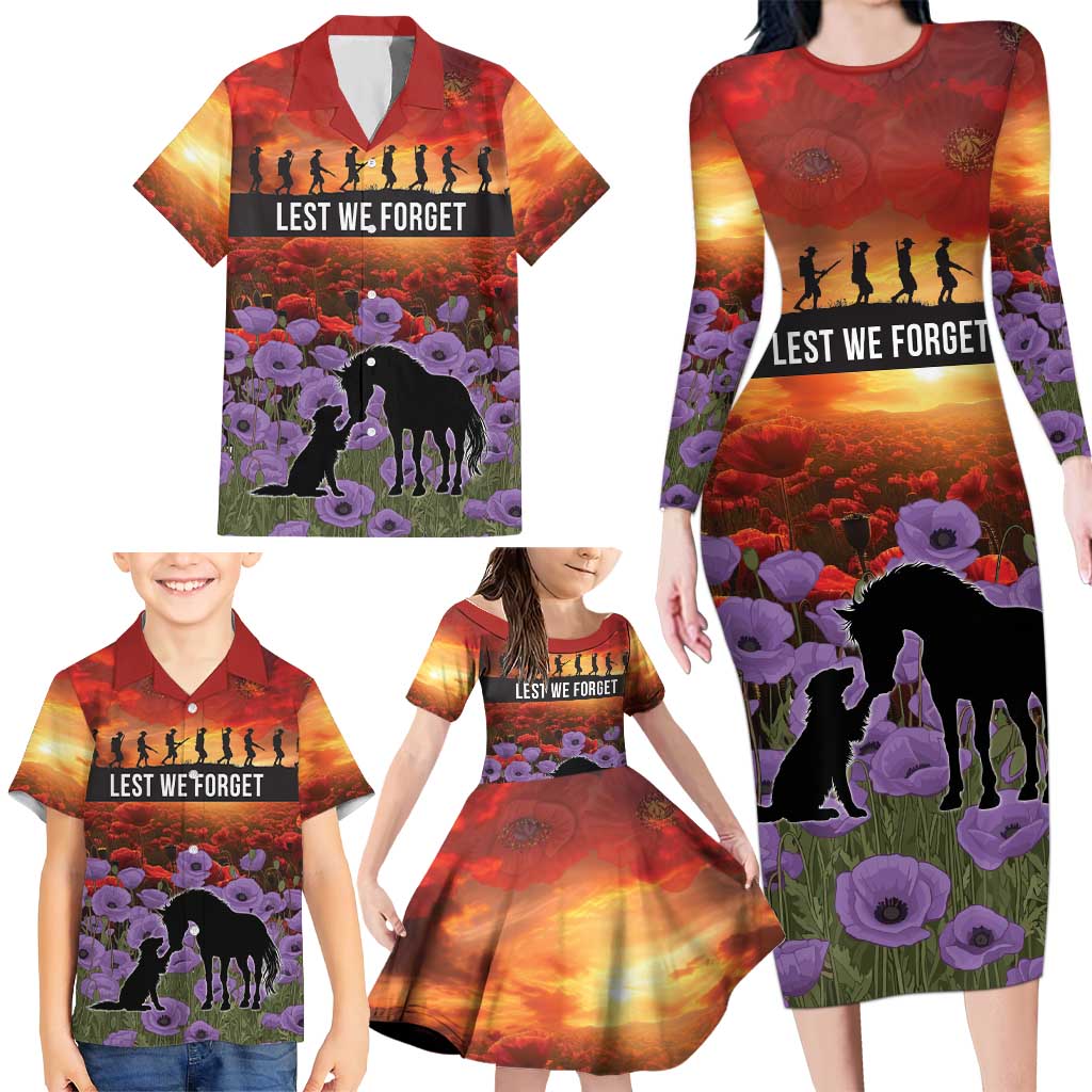 Personalised ANZAC Day Family Matching Long Sleeve Bodycon Dress and Hawaiian Shirt Remembering the Animals of War