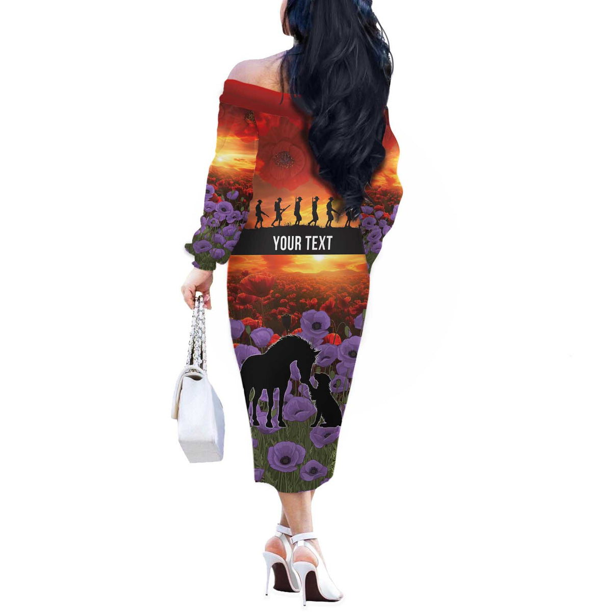 Personalised ANZAC Day Off The Shoulder Long Sleeve Dress Remembering the Animals of War LT19 - Polynesian Pride