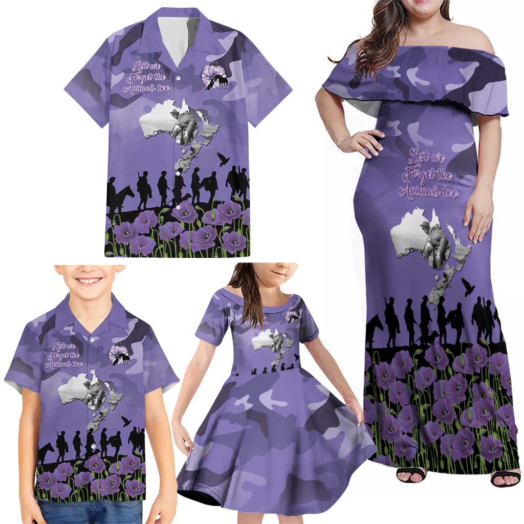 ANZAC Day Family Matching Off Shoulder Maxi Dress and Hawaiian Shirt Lest We Forget the Animals Too