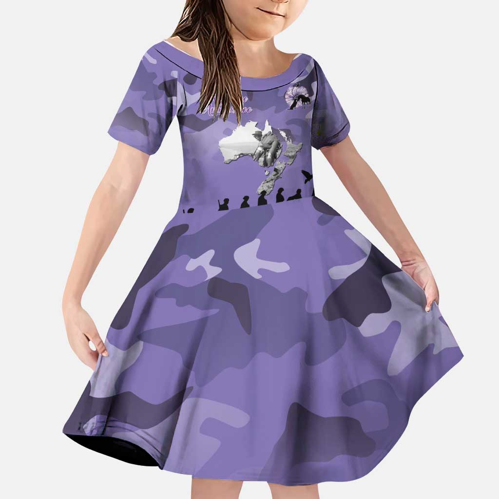 ANZAC Day Family Matching Puletasi and Hawaiian Shirt Lest We Forget the Animals Too LT19 Daughter's Dress Purple - Polynesian Pride