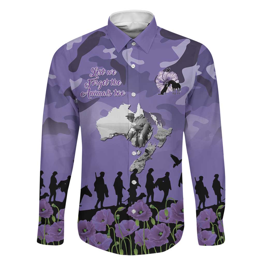 ANZAC Day Family Matching Puletasi and Hawaiian Shirt Lest We Forget the Animals Too LT19 Dad's Shirt - Long Sleeve Purple - Polynesian Pride