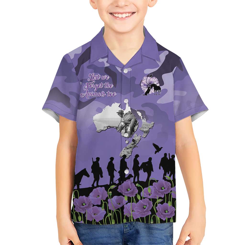 ANZAC Day Family Matching Puletasi and Hawaiian Shirt Lest We Forget the Animals Too LT19 Son's Shirt Purple - Polynesian Pride