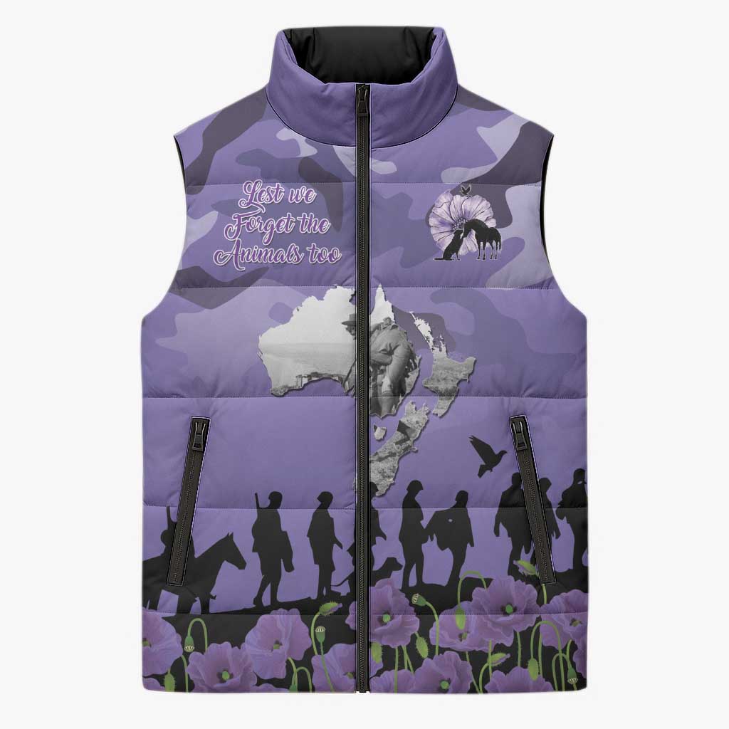 ANZAC Day Sleeveless Puffer Jacket Lest We Forget the Animals Too LT19 Unisex Purple - Polynesian Pride