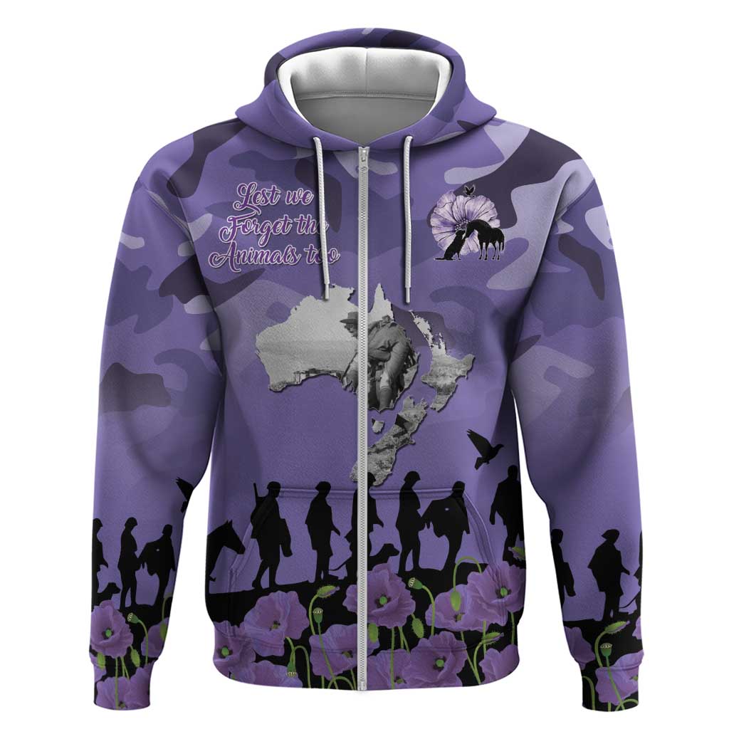 ANZAC Day Zip Hoodie Lest We Forget the Animals Too LT19 Zip Hoodie Purple - Polynesian Pride