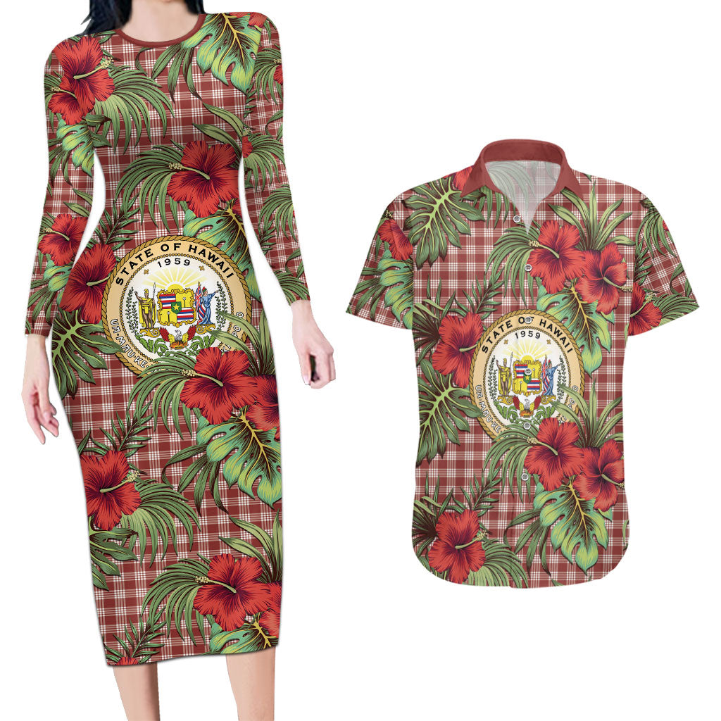 Vintage Hawaii Hibiscus Palaka Couples Matching Long Sleeve Bodycon Dress and Hawaiian Shirt Red Color