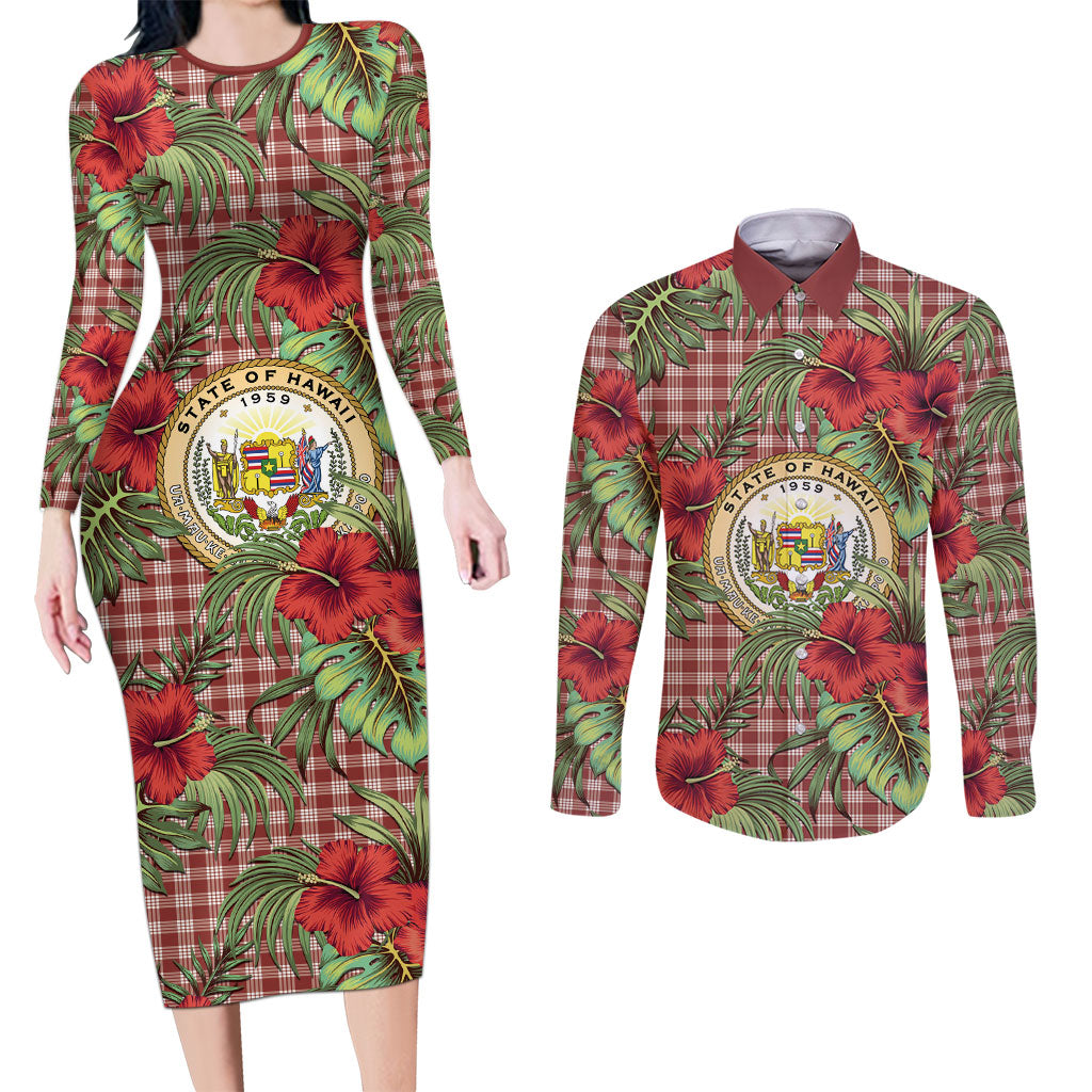 Vintage Hawaii Hibiscus Palaka Couples Matching Long Sleeve Bodycon Dress and Long Sleeve Button Shirt Red Color
