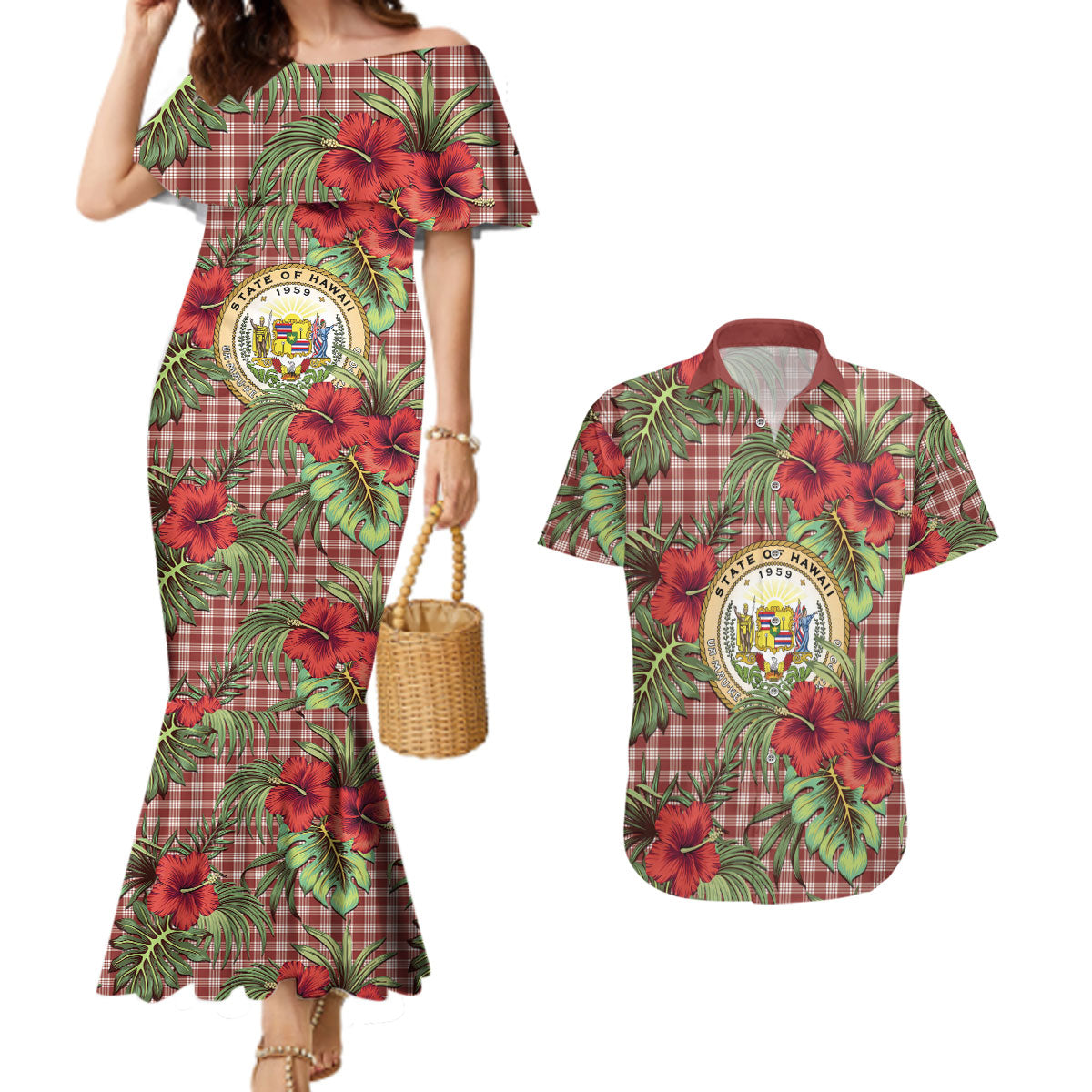 Vintage Hawaii Hibiscus Palaka Couples Matching Mermaid Dress and Hawaiian Shirt Red Color