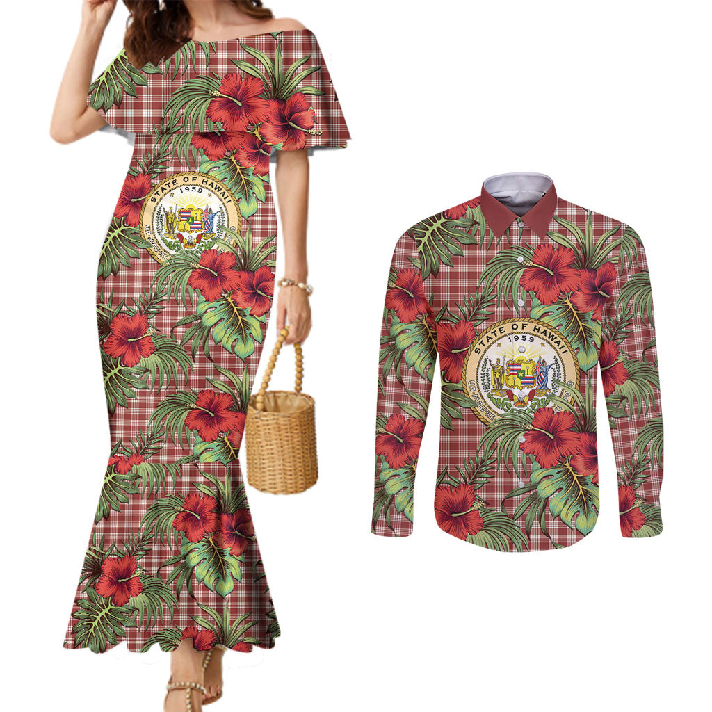 Vintage Hawaii Hibiscus Palaka Couples Matching Mermaid Dress and Long Sleeve Button Shirt Red Color