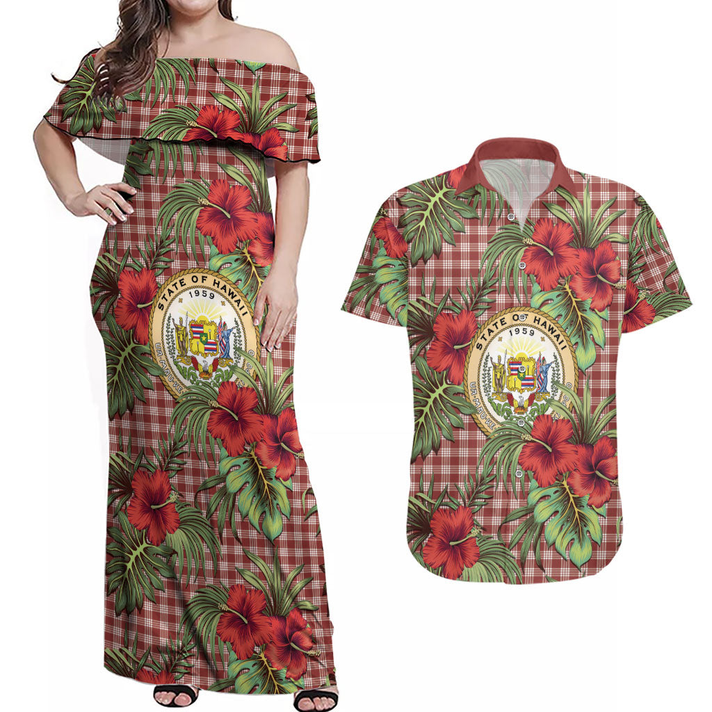 Vintage Hawaii Hibiscus Palaka Couples Matching Off Shoulder Maxi Dress and Hawaiian Shirt Red Color