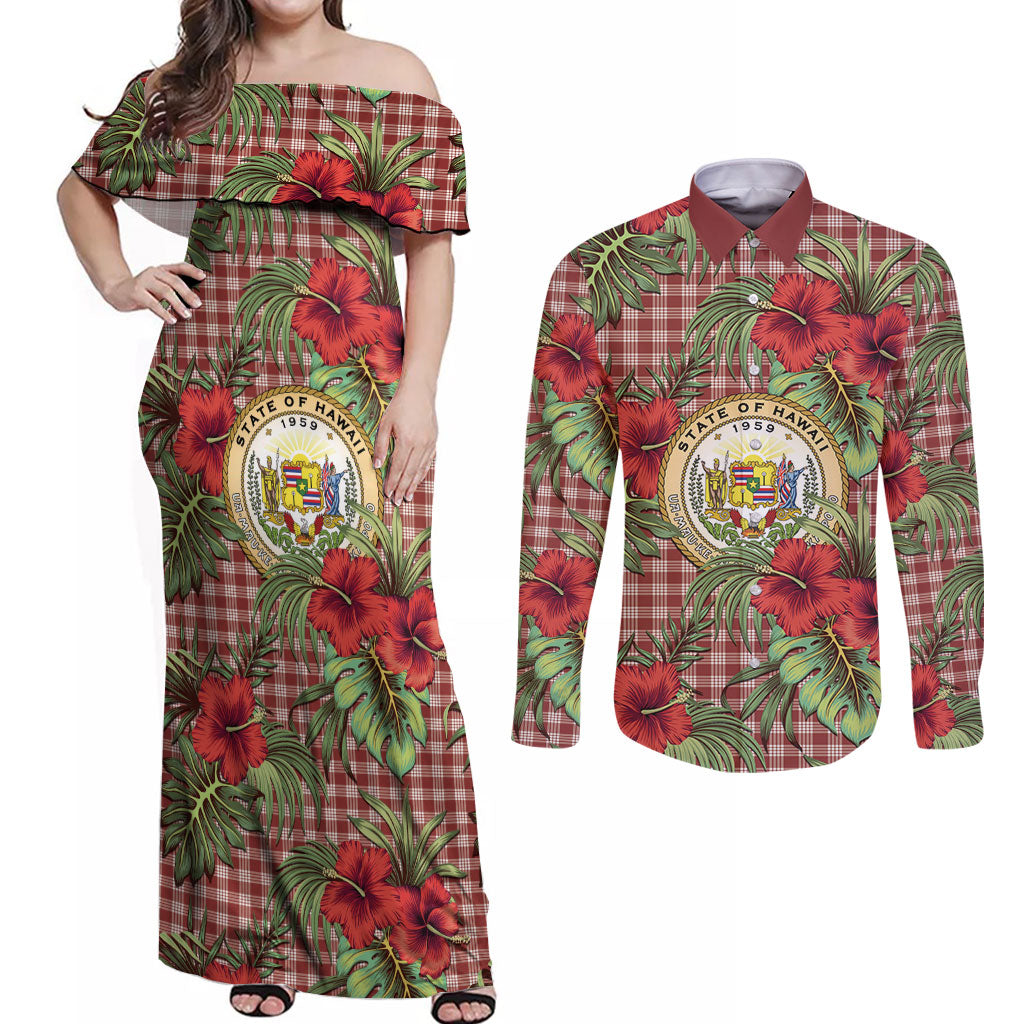 Vintage Hawaii Hibiscus Palaka Couples Matching Off Shoulder Maxi Dress and Long Sleeve Button Shirt Red Color