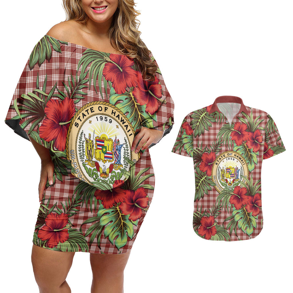 Vintage Hawaii Hibiscus Palaka Couples Matching Off Shoulder Short Dress and Hawaiian Shirt Red Color