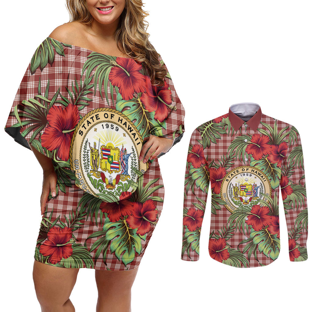 Vintage Hawaii Hibiscus Palaka Couples Matching Off Shoulder Short Dress and Long Sleeve Button Shirt Red Color